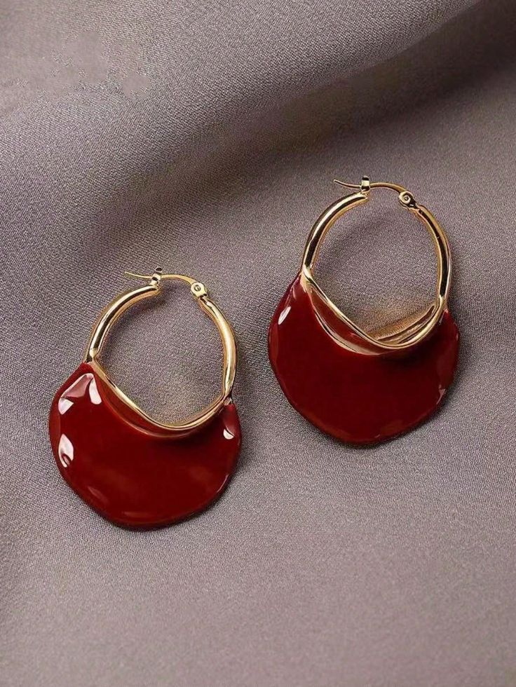 Eva Irregular Hoop Earrings – Gold Plated with Enamel Finish (Brown | White | Red)