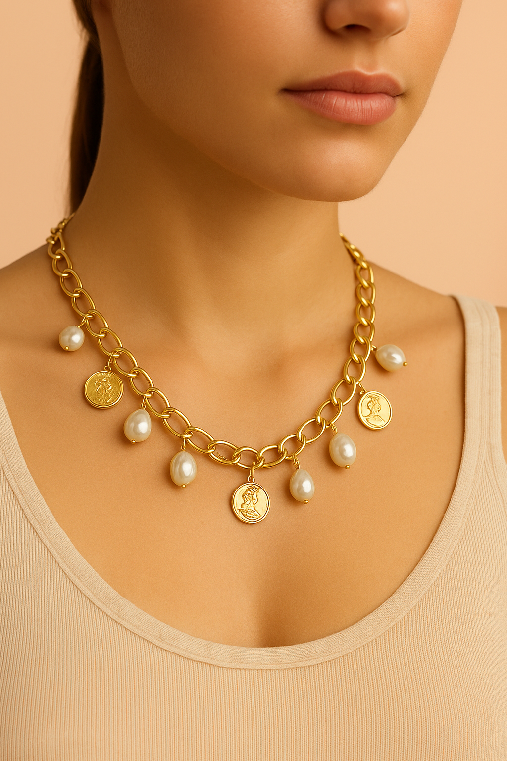 Gold Coin & Pearl Charm Necklace – Statement Anti-Tarnish Jewellery for Women