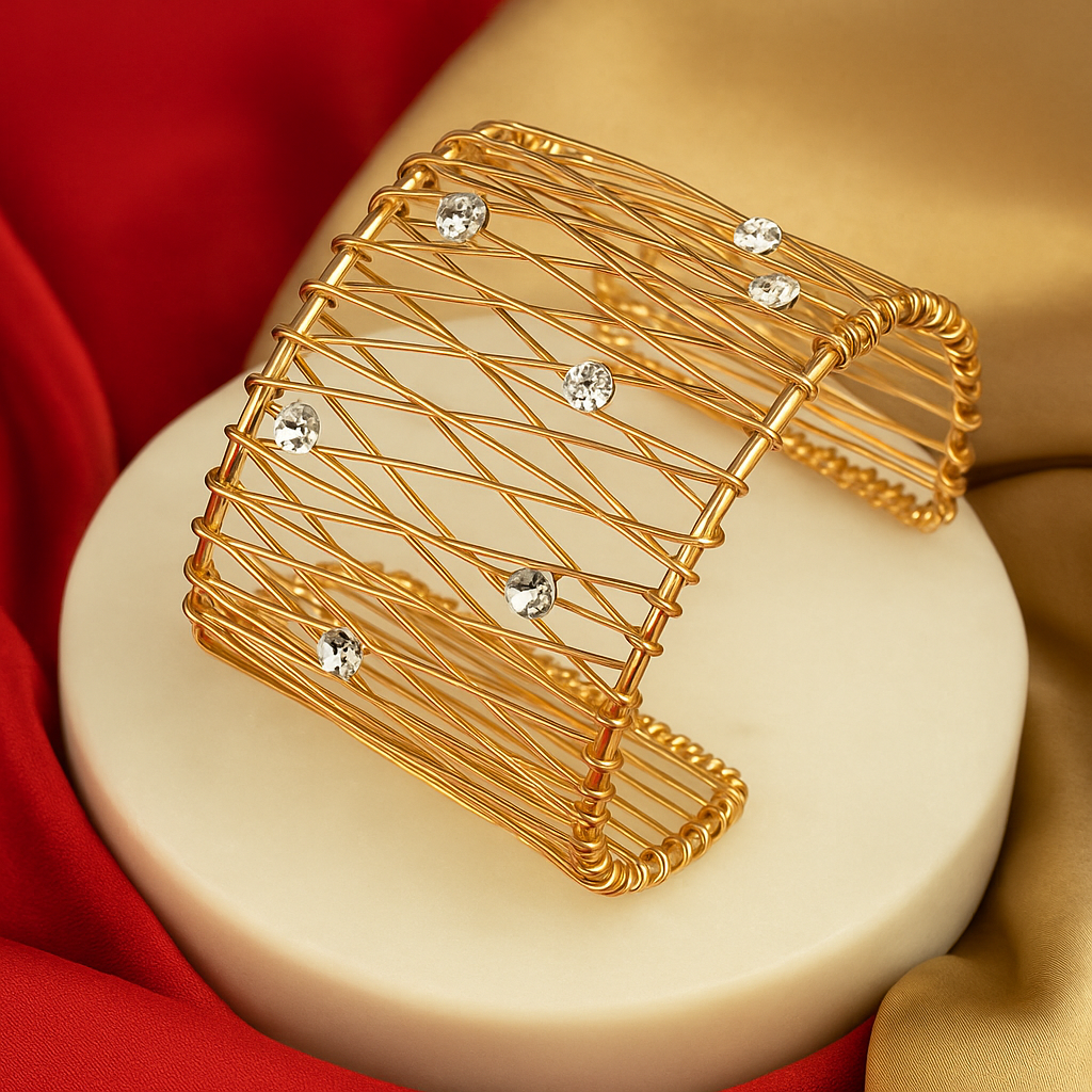 Aurora Mesh Cuff – Gold Wire Bracelet with Crystals | Anti-Tarnish & Statement Ready