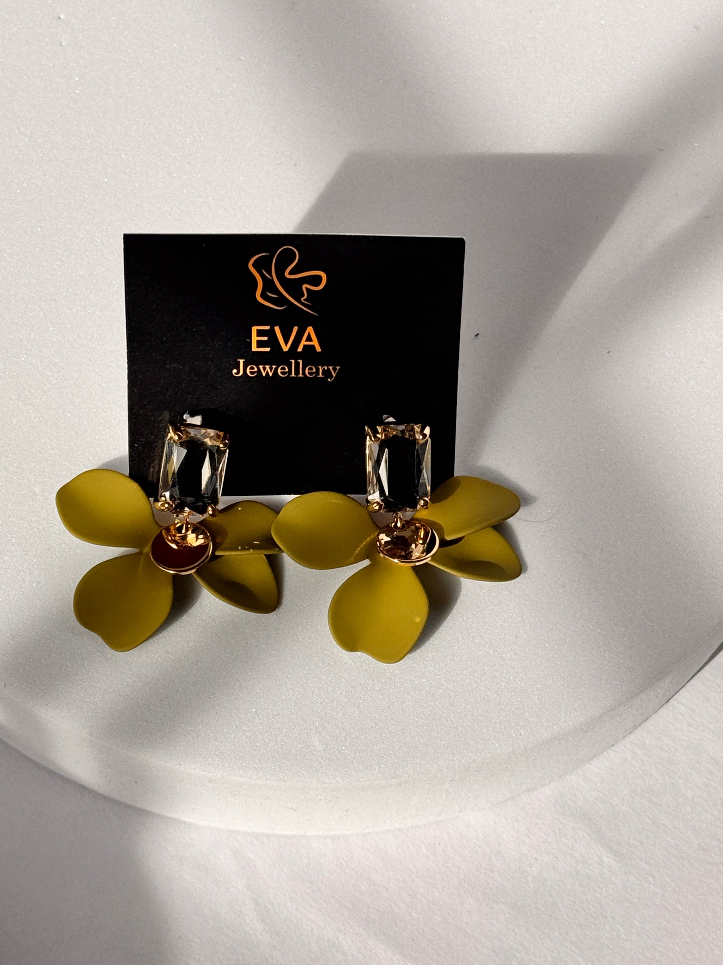 EVA Green Floral Statement Earrings with Crystal and Gold Accents
