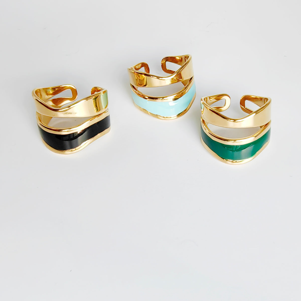 Enamel Wave Adjustable Rings – Gold Finish (Black, Mint, Green)