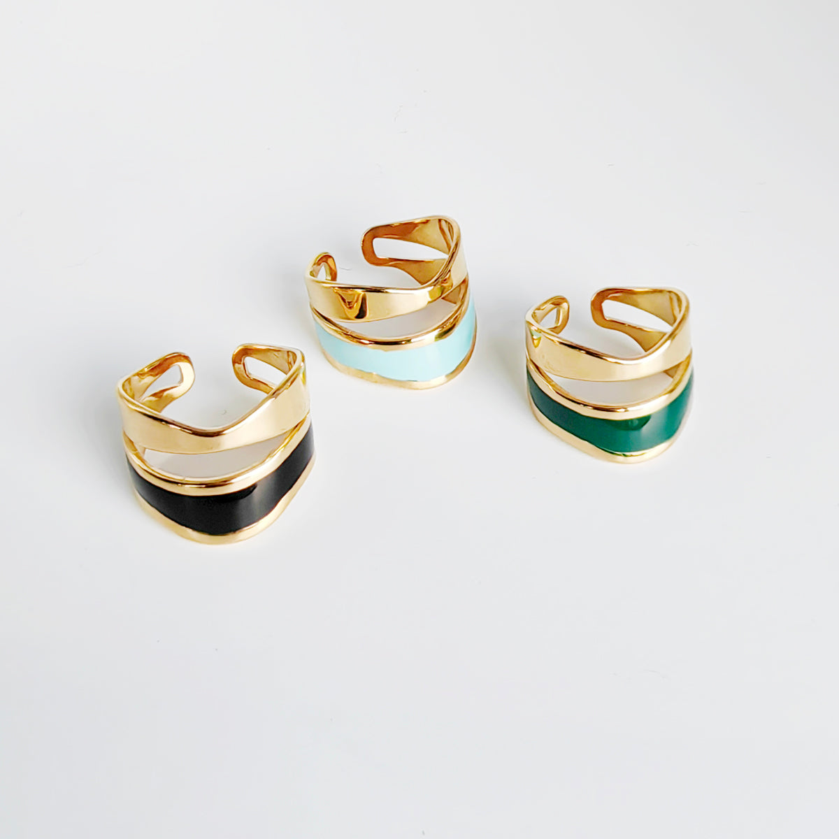Enamel Wave Adjustable Rings – Gold Finish (Black, Mint, Green)