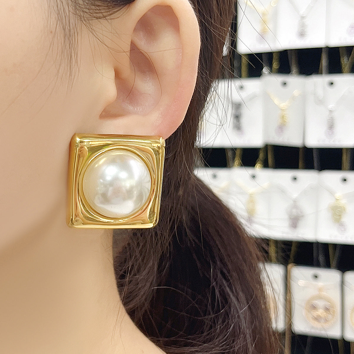Luxe Pearl Square Stud Earrings – Gold Finish