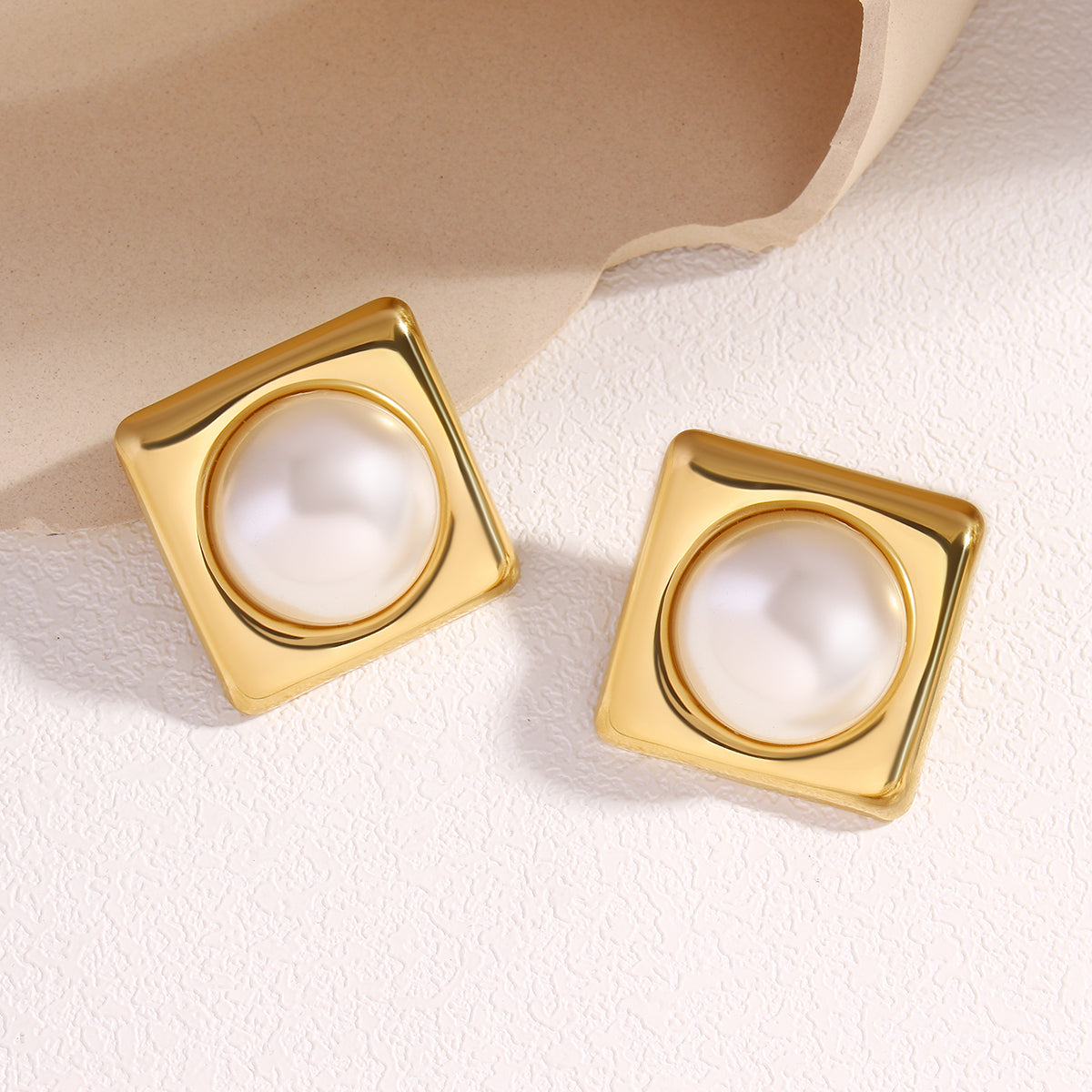 Luxe Pearl Square Stud Earrings – Gold Finish