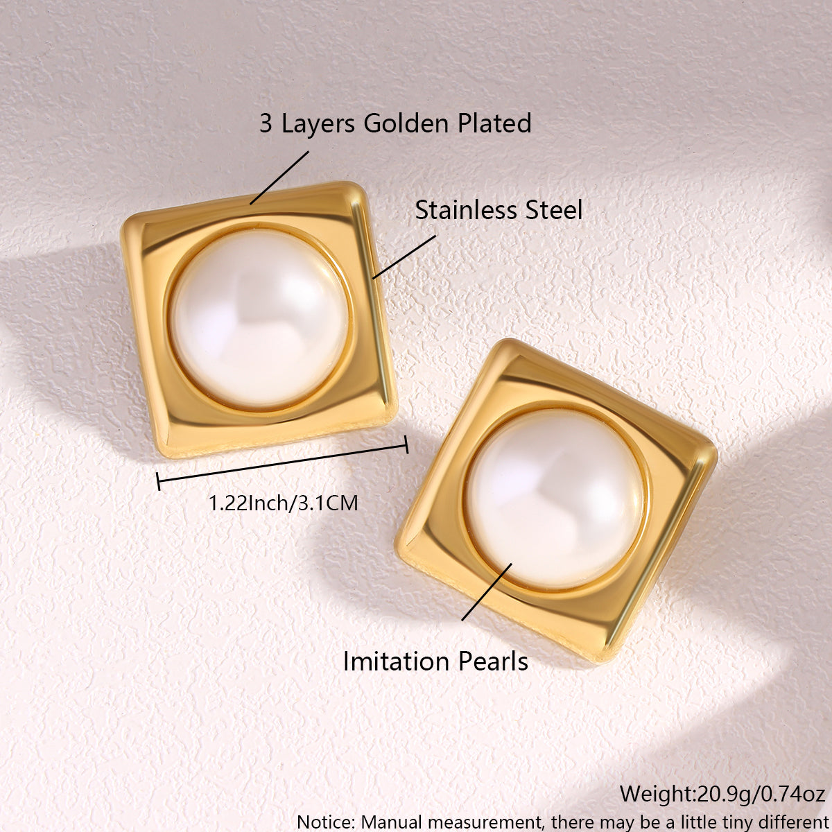 Luxe Pearl Square Stud Earrings – Gold Finish