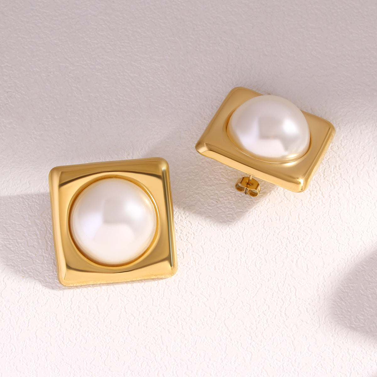 Luxe Pearl Square Stud Earrings – Gold Finish