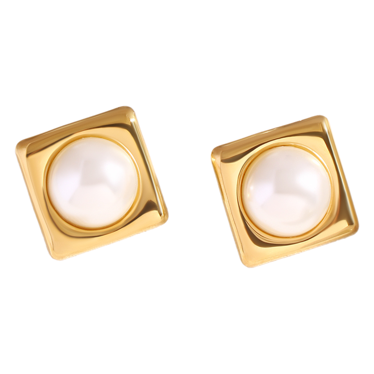 Luxe Pearl Square Stud Earrings – Gold Finish