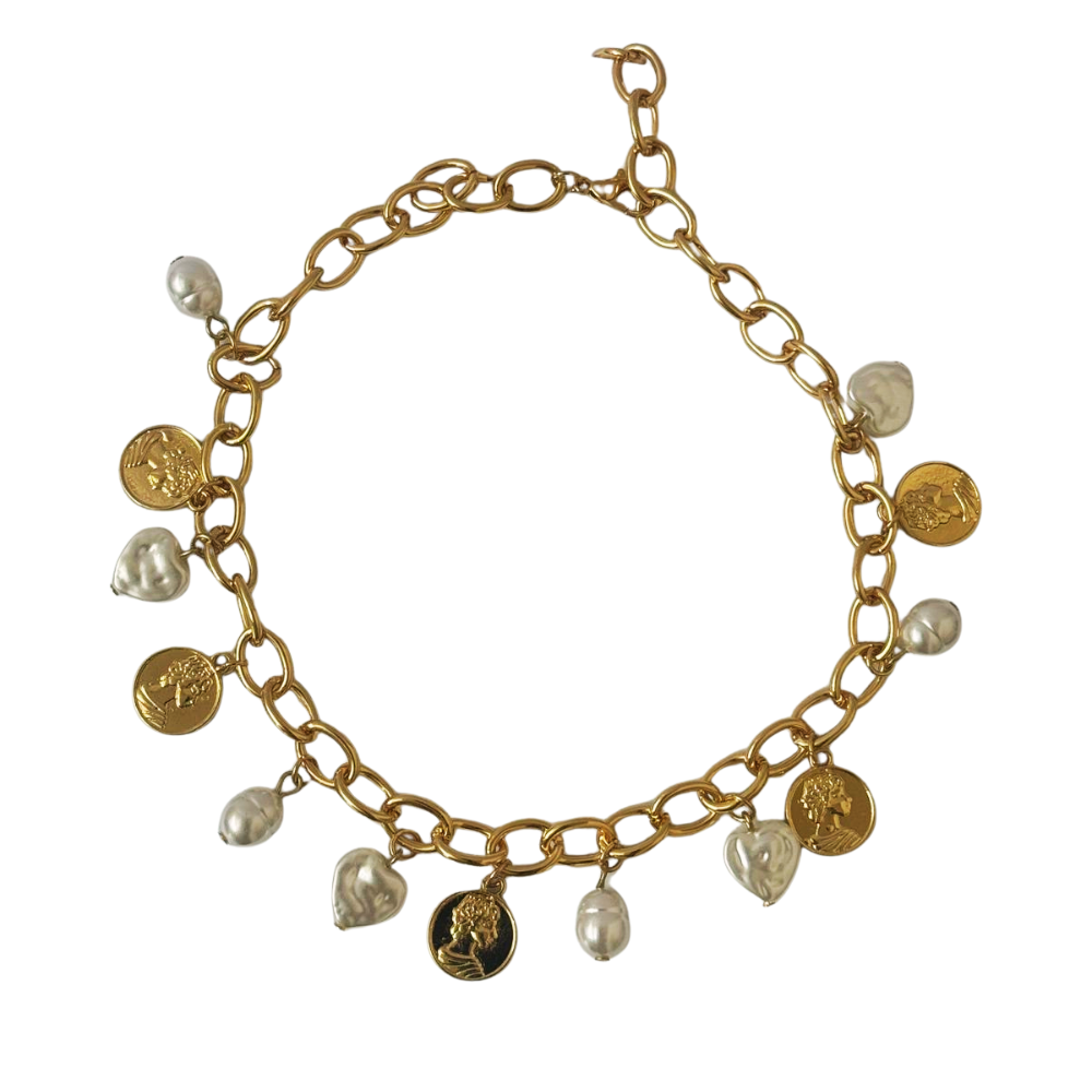 Gold Coin & Pearl Charm Necklace – Statement Anti-Tarnish Jewellery for Women