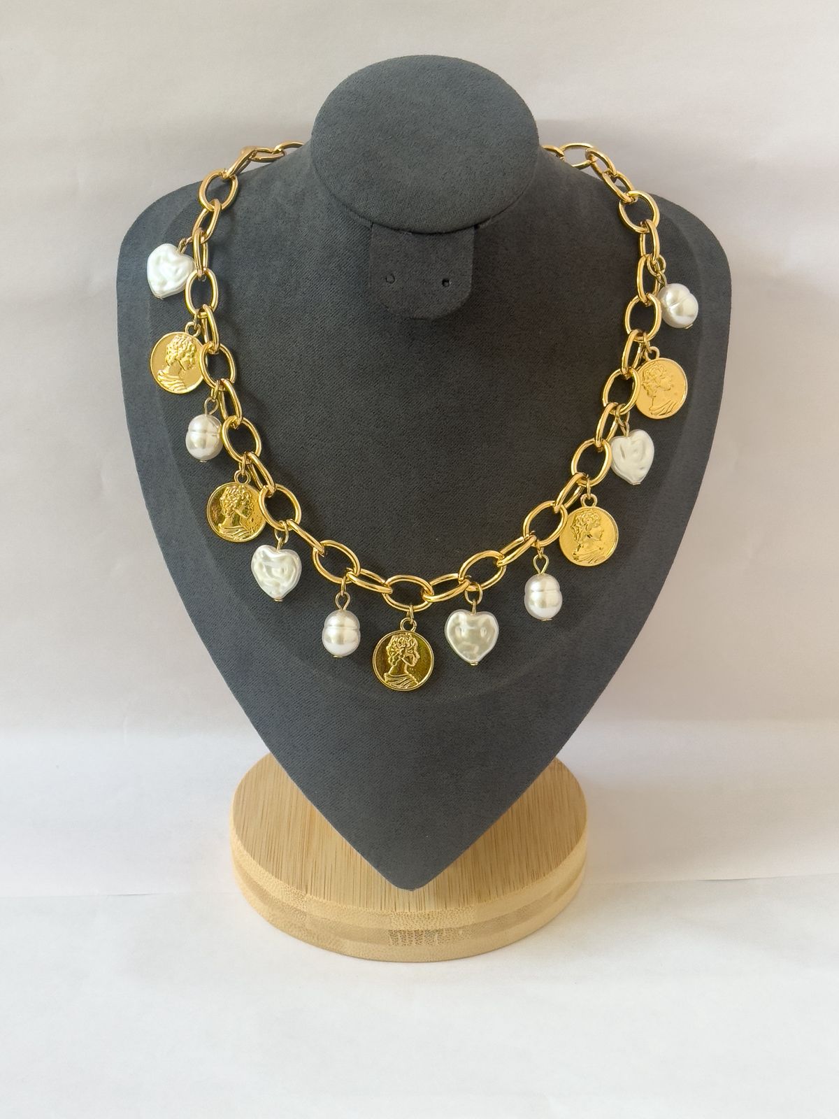 Gold Coin & Pearl Charm Necklace – Statement Anti-Tarnish Jewellery for Women