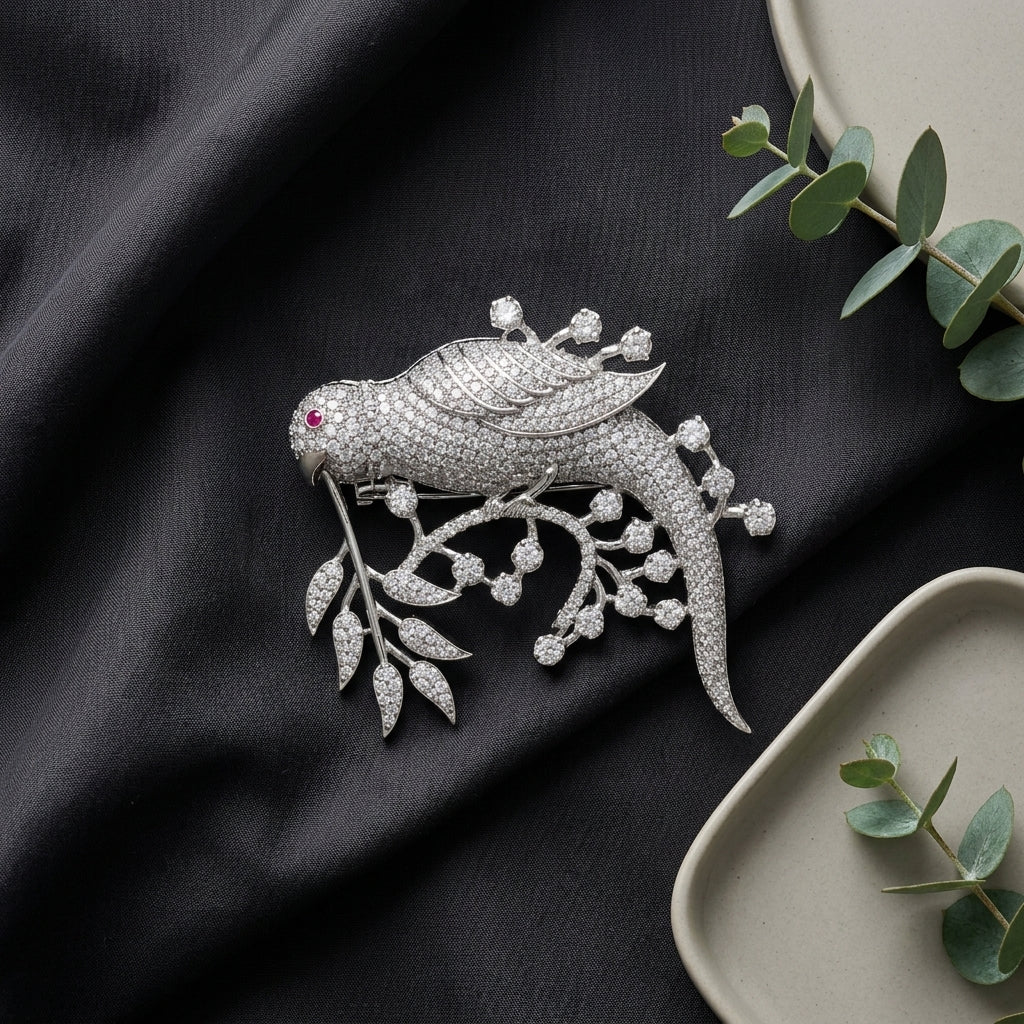 Noor Tota Brooch – Gold Plated Zircon Bird Brooch Pin