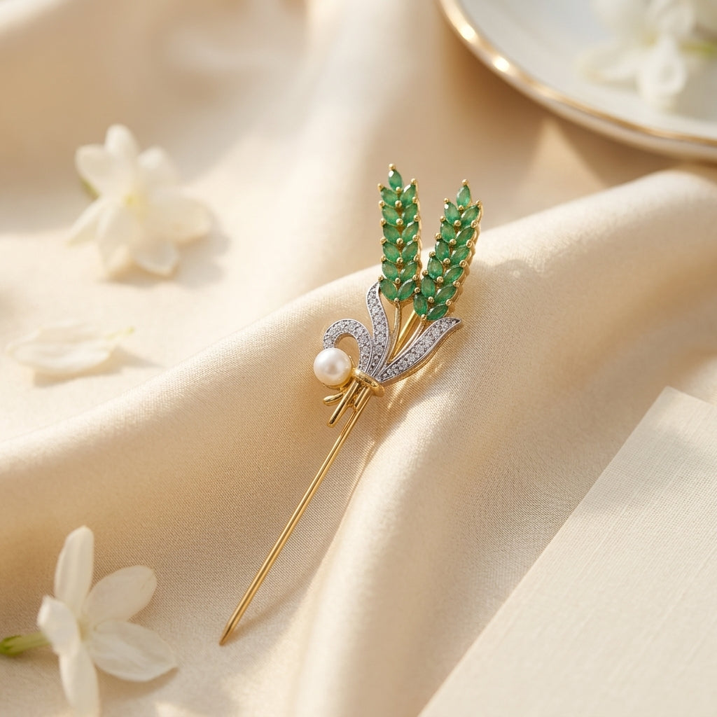 Emerald Wheat Pearl Lapel Pin – Gold Plated Brass with Zircon Detailing