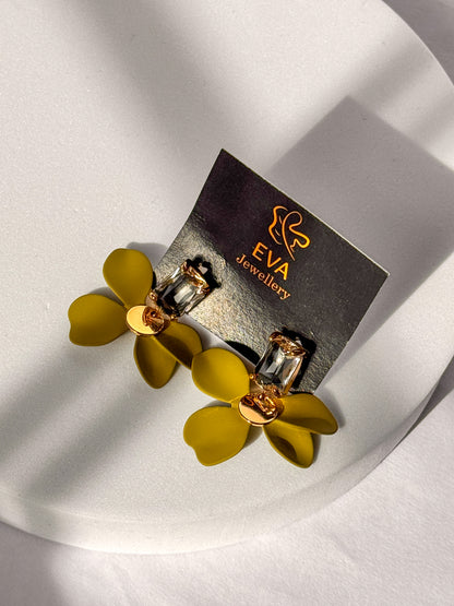 EVA Green Floral Statement Earrings with Crystal and Gold Accents