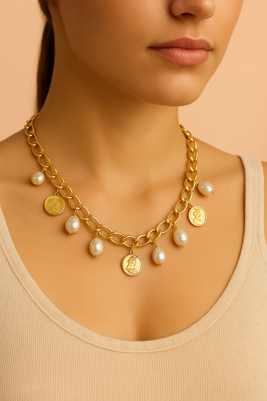 Gold Coin & Pearl Charm Necklace – Statement Anti-Tarnish Jewellery for Women