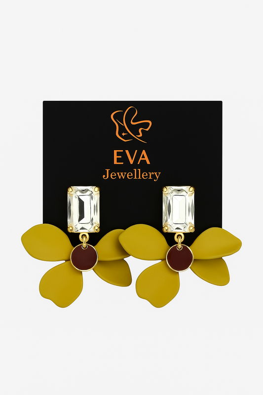 EVA Green Floral Statement Earrings with Crystal and Gold Accents