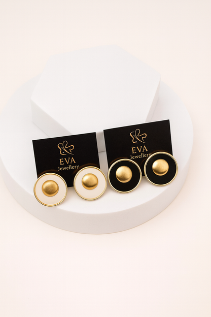 Eva Jewellery Round Enamel Stud Earrings – Black & White Gold-Tone Options | Anti-Tarnish Statement Piece