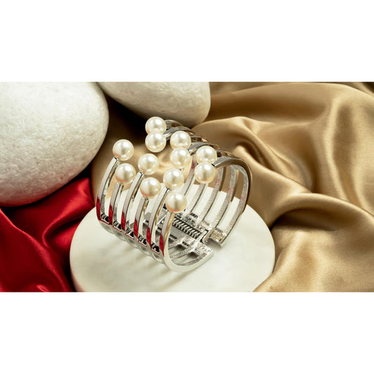 Silver Pearl Statement Cuff Bracelet – Anti-Tarnish Elegant Bangle Under ₹999