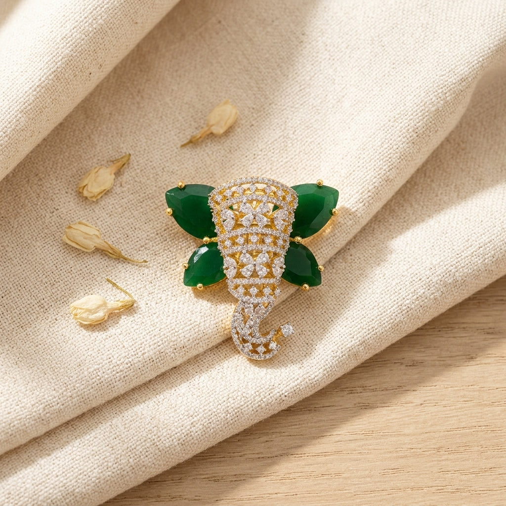 Emerald Elephant Magnetic Brooch in Brass with Zircon Stones | Luxury Ethnic Brooch
