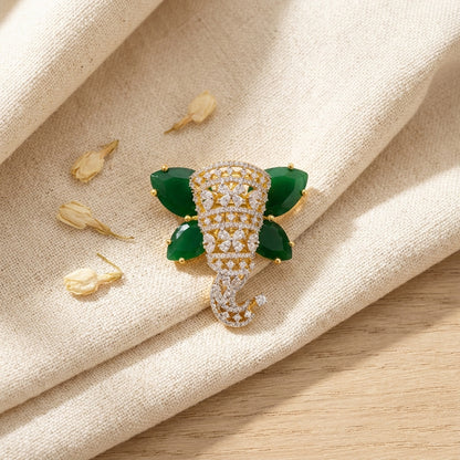 Emerald Elephant Magnetic Brooch in Brass with Zircon Stones | Luxury Ethnic Brooch