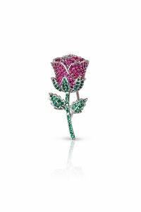 Crystal Rose Flower Brooch – Dark Pink & Green Statement Pin