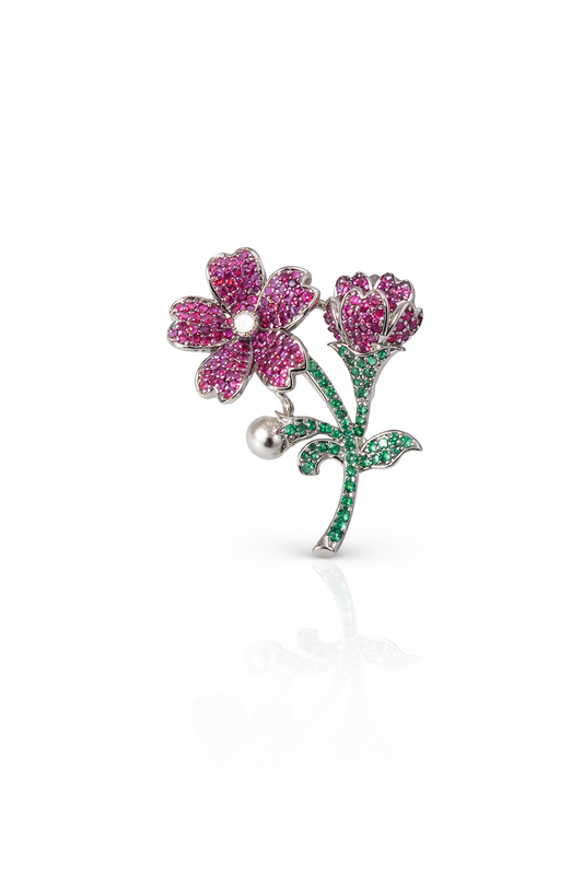 Dual Bloom Crystal Flower Brooch – Dark Pink & Green Statement Pin