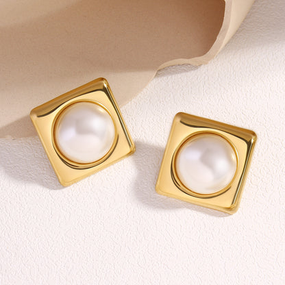 Luxe Pearl Square Stud Earrings – Gold Finish