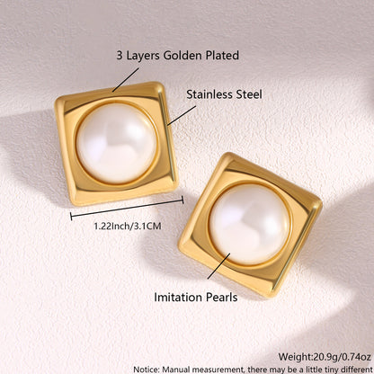 Luxe Pearl Square Stud Earrings – Gold Finish