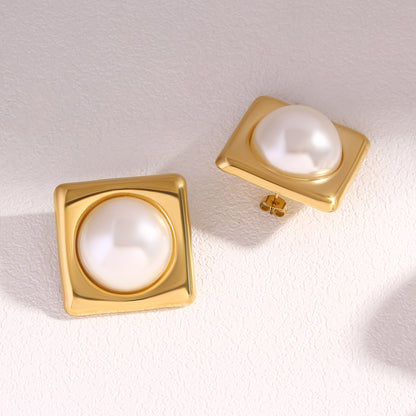 Luxe Pearl Square Stud Earrings – Gold Finish