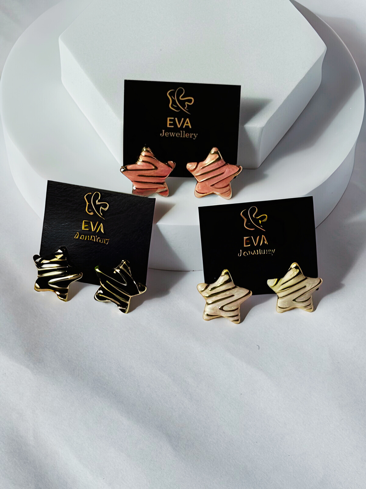Eva Anti-Tarnish Star Stud Earrings – Lightweight Statement Jewellery (White | Black | Pink) Under ₹999
