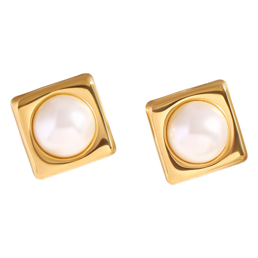 Square Pearl Stud Earrings – Gold Plated, Minimalist & Anti-Tarnish Everyday Jewelry