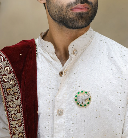 Emerald Circle Elephant Brooch with Zircon Stones | Magnetic Brass Brooch