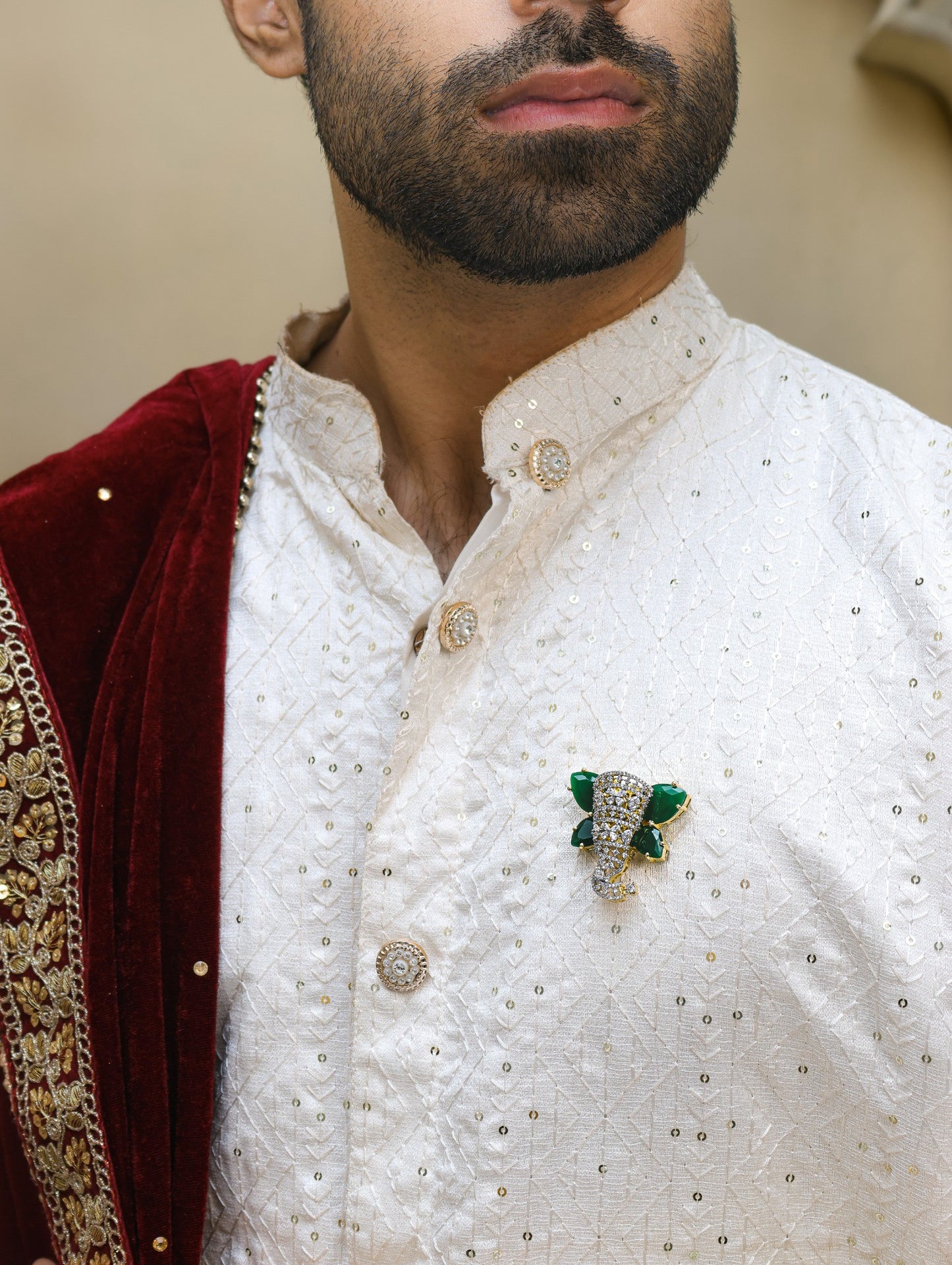 Emerald Elephant Magnetic Brooch in Brass with Zircon Stones | Luxury Ethnic Brooch