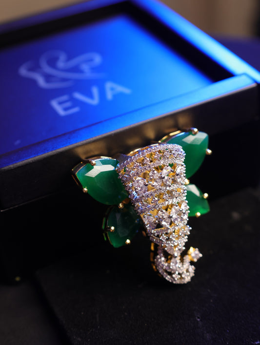 Emerald Elephant Magnetic Brooch in Brass with Zircon Stones | Luxury Ethnic Brooch