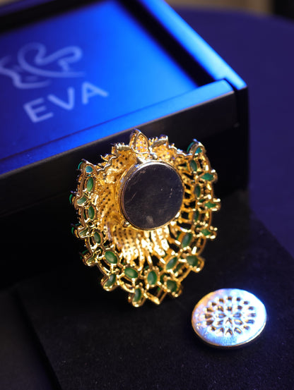 Emerald Accent Lion Magnetic Brooch in Brass with Zircon Stones