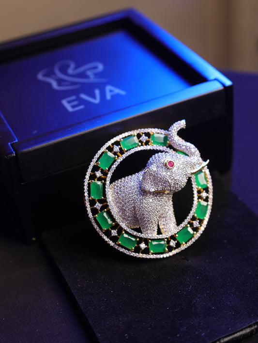 Emerald Circle Elephant Brooch with Zircon Stones | Magnetic Brass Brooch