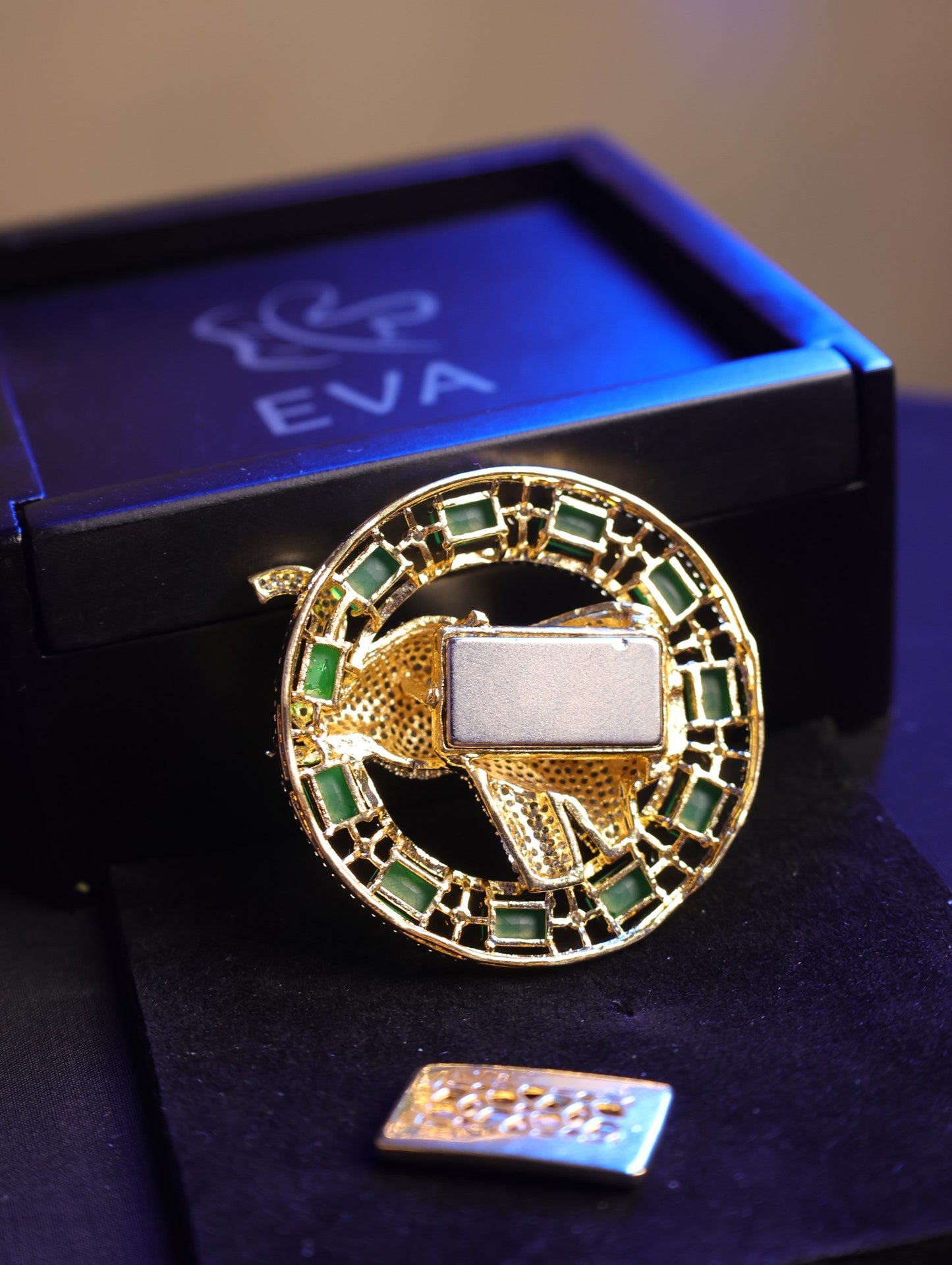 Emerald Circle Elephant Brooch with Zircon Stones | Magnetic Brass Brooch