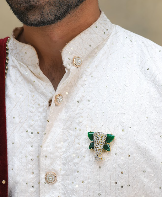 Emerald Elephant Magnetic Brooch in Brass with Zircon Stones | Luxury Ethnic Brooch