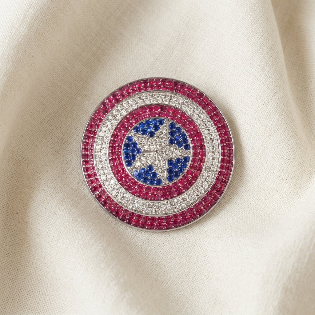 Patriot Shield Star Brooch – Dark Pink Blue Crystal Statement Pin