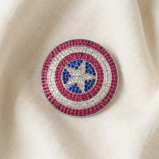 Patriot Shield Star Brooch – Dark Pink Blue Crystal Statement Pin
