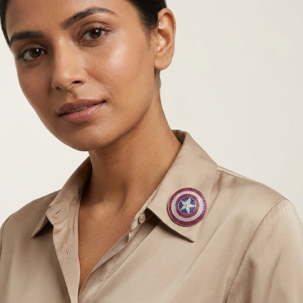Patriot Shield Star Brooch – Dark Pink Blue Crystal Statement Pin