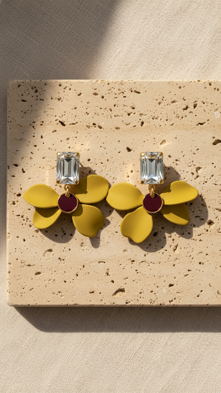 EVA Green Floral Statement Earrings with Crystal and Gold Accents