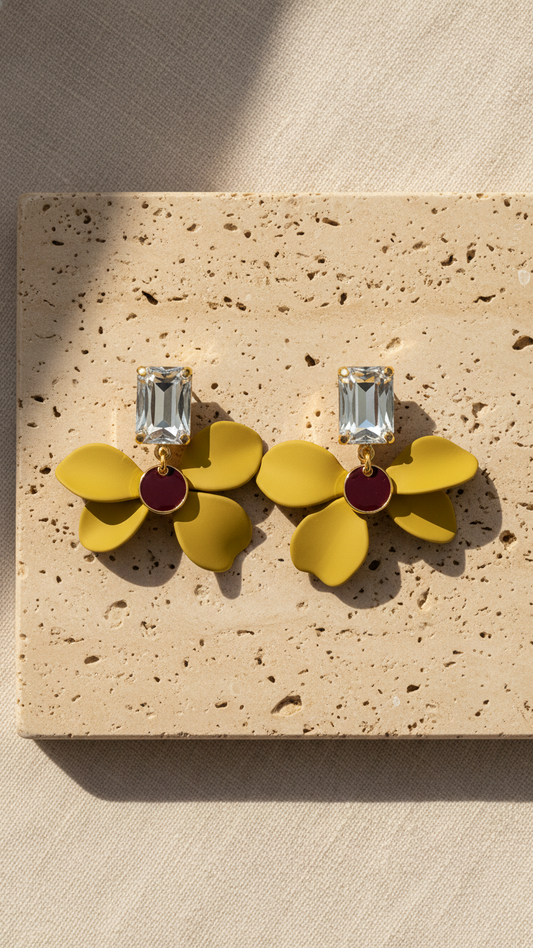 EVA Green Floral Statement Earrings with Crystal and Gold Accents