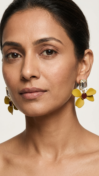 EVA Green Floral Statement Earrings with Crystal and Gold Accents