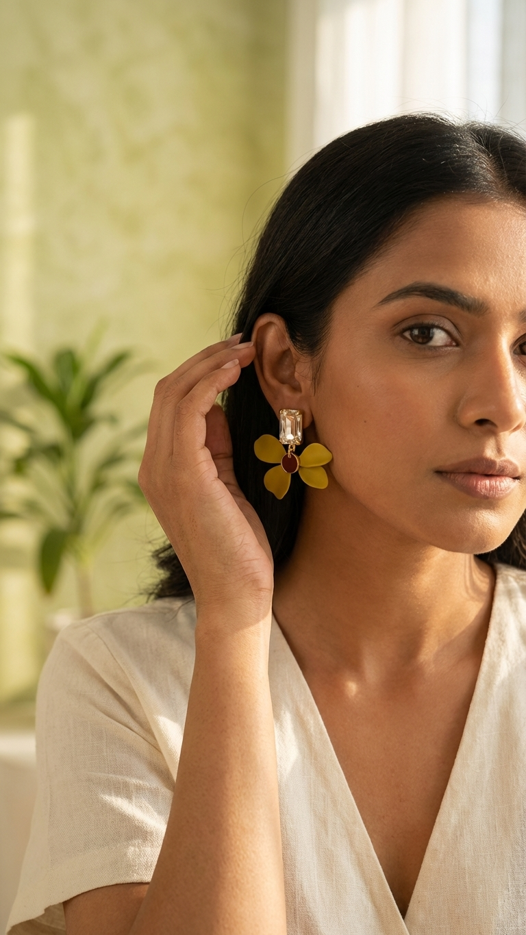 EVA Green Floral Statement Earrings with Crystal and Gold Accents