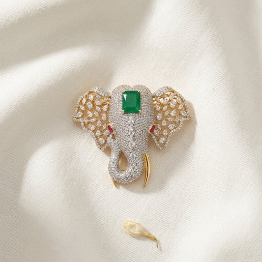 Elephant Crest Groom Brooch with Emerald Stone – Magnetic Sherwani Brooch