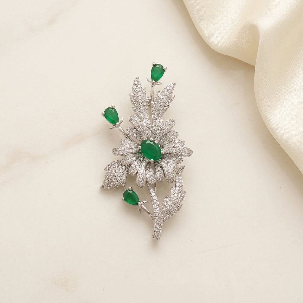 Emerald Wildflower Brooch · Floral Saree Pin & Statement Lapel Brooch