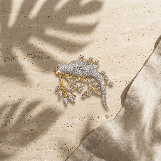 Noor Tota Brooch – Gold Plated Zircon Bird Brooch Pin