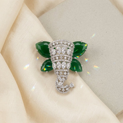 Emerald Elephant Magnetic Brooch in Brass with Zircon Stones | Luxury Ethnic Brooch