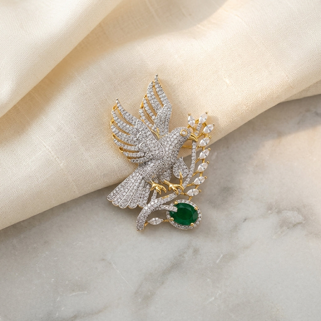 Peace Dove Brooch · Olive Branch & Emerald Drop · Pin-Back Lapel Brooch
