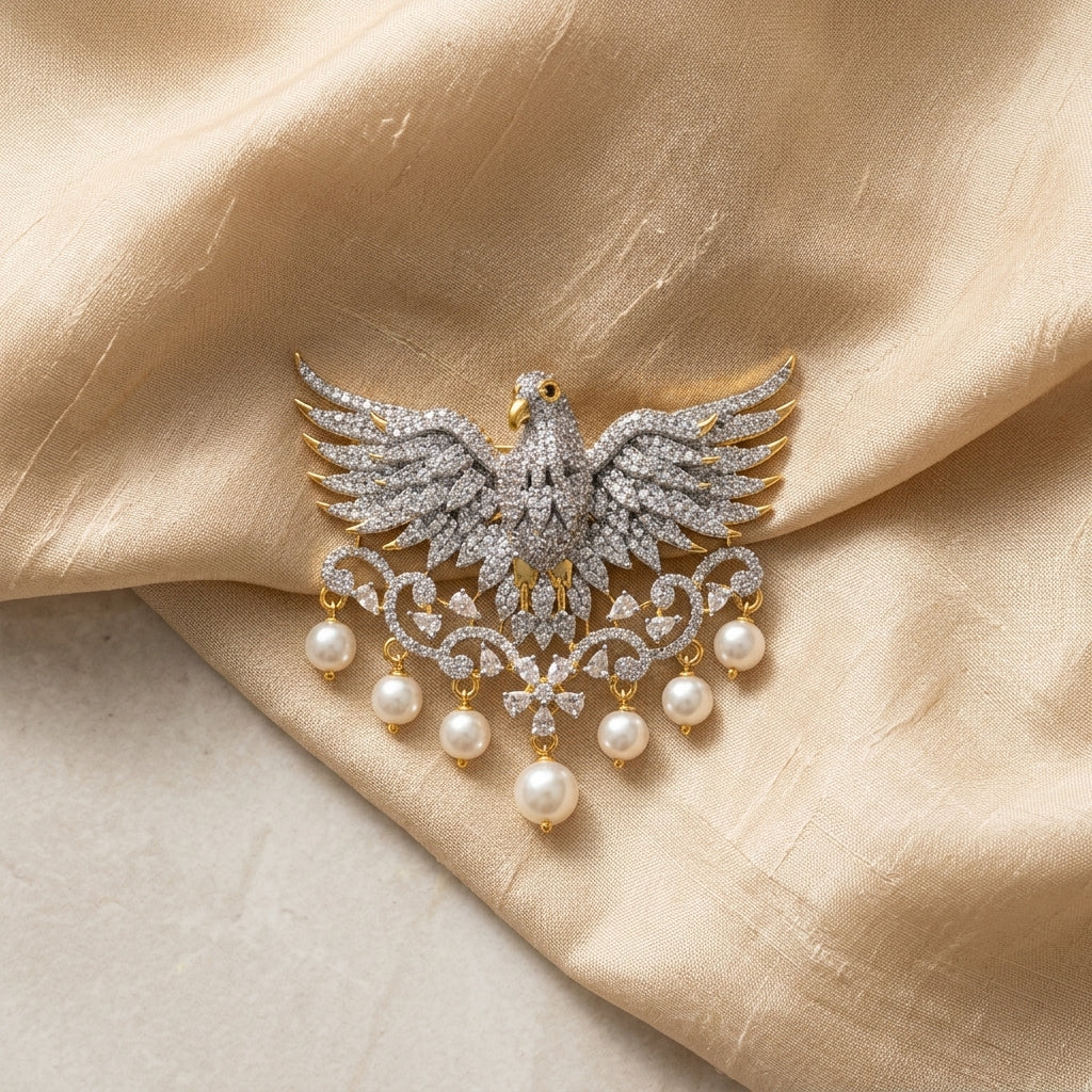 Soaring Falcon Brooch · Pearl-Drop Lapel Pin · Silver & Gold