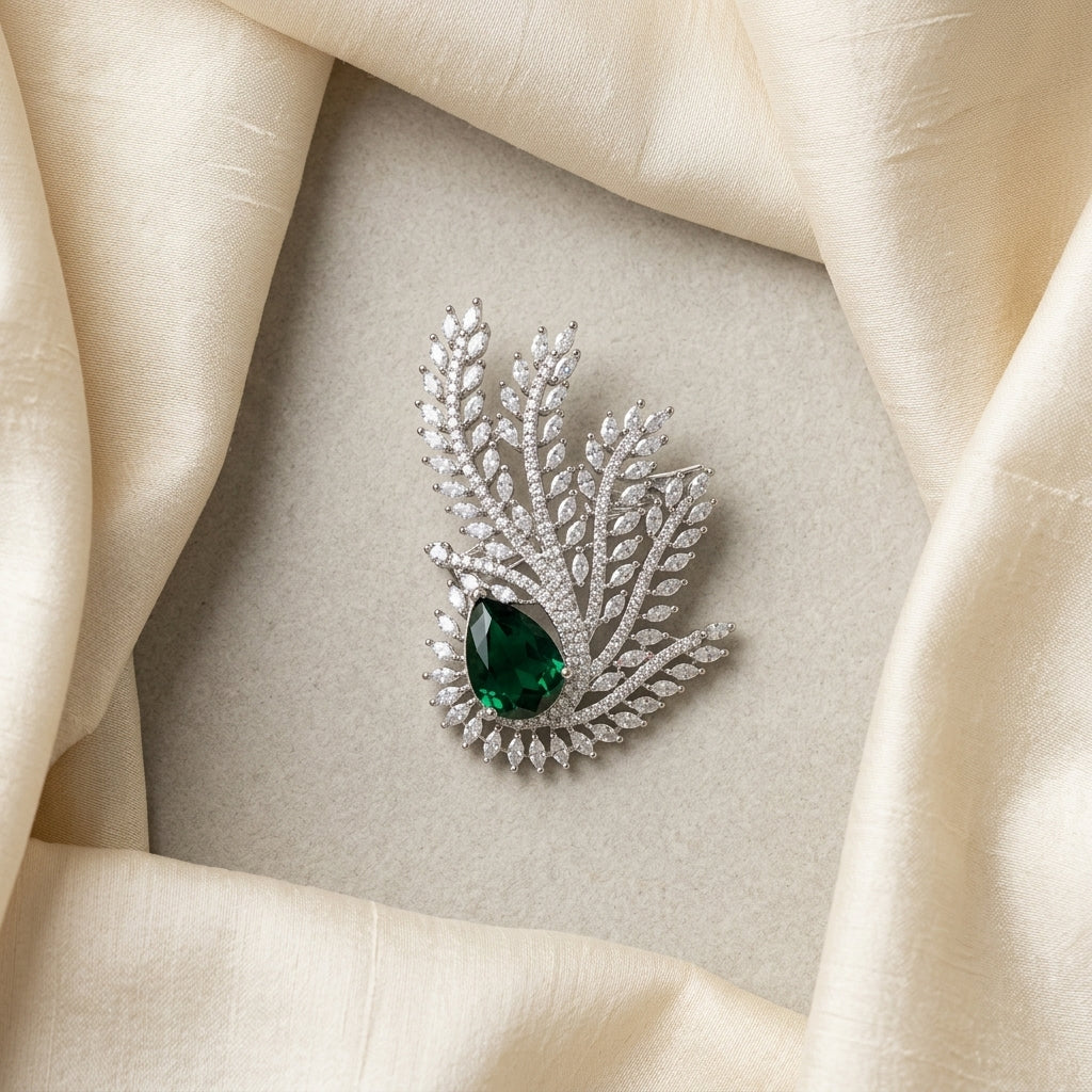Rajsi Pankh Brooch – Green Stone Statement Brooch